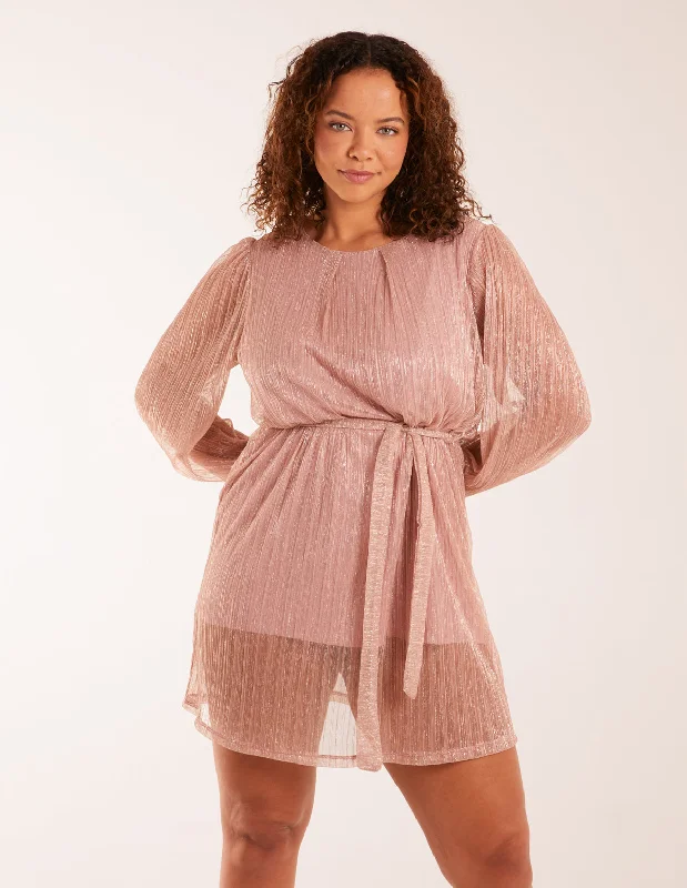 Metallic Plisse Belted Dress