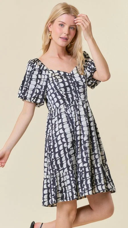 Geo Print Silky Puff Sleeve Dress