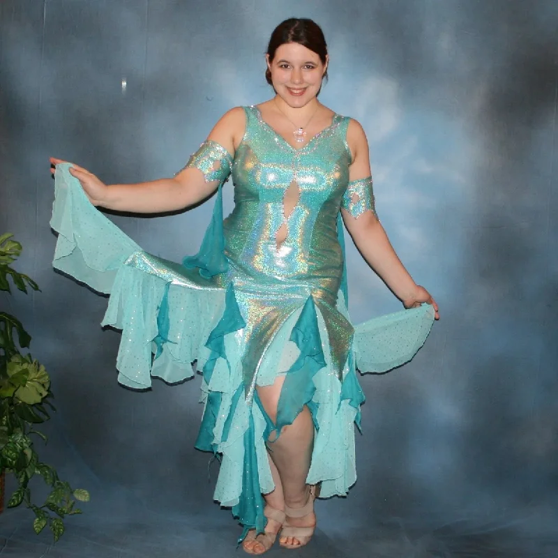 Aqua Hologram Latin-Rhythm Dress with Swarovski Rhinestone Work & Lots of Chiffon Flounces-Jewel of the Sea