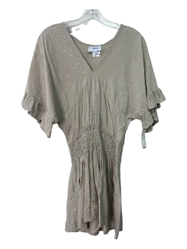 Koch Size XS Taupe Viscose Star Print V Neck Smocked Dress