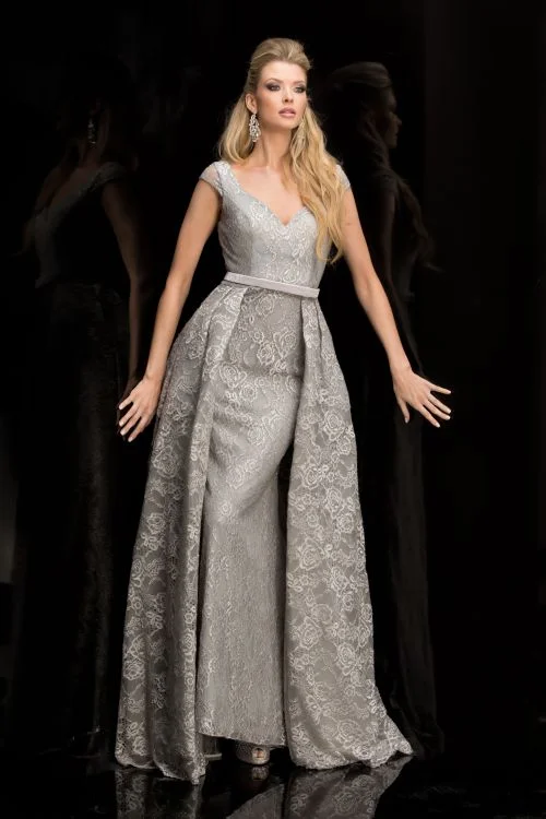 Lucci Lu 28811 Silver Lace Evening A-Line Dress