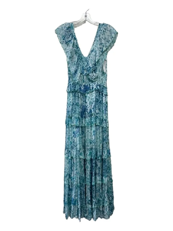 Miss June Paris Size S Blue & Teal Viscose Double V Ruffle Smocked Dress