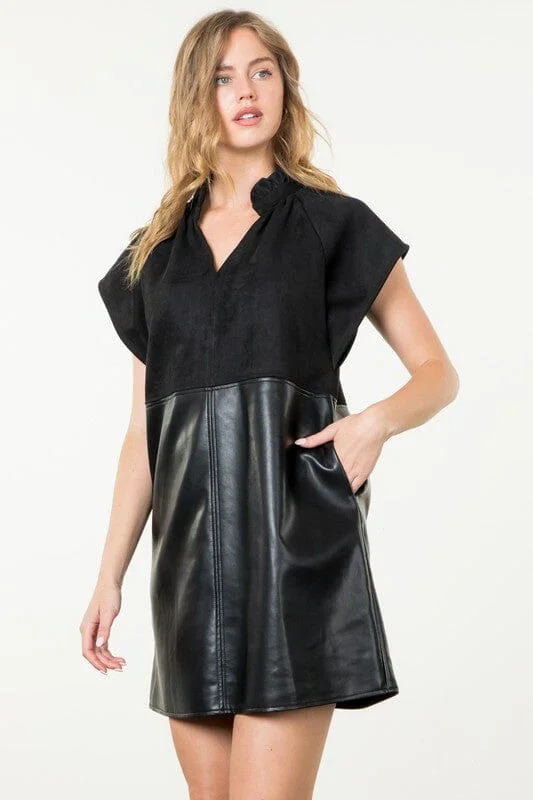 Mixed Media Faux Leather and Suede Dress
