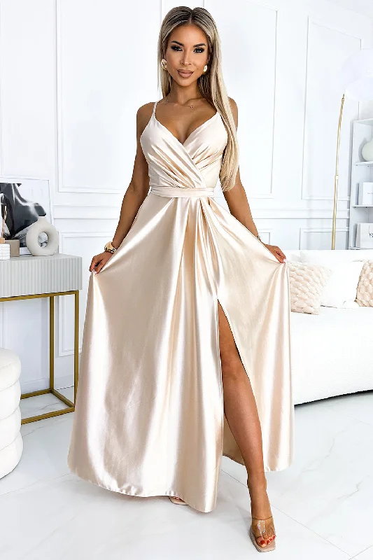 Numoco 512-3 JULIET elegant long satin dress with a neckline and leg slit - Beige