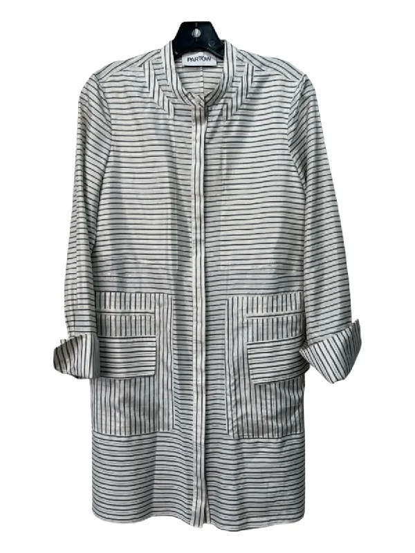 Partow Size 2 White, Blue & Silver Silk Blend Metallic Thread Stripes Dress