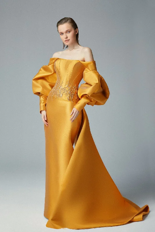 Puff off sleeves fitted bodice column dress