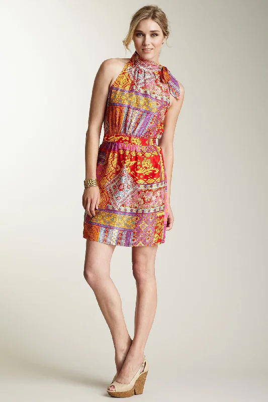 Silk Tie Halter Blousson Dress - Gypsy Red Print