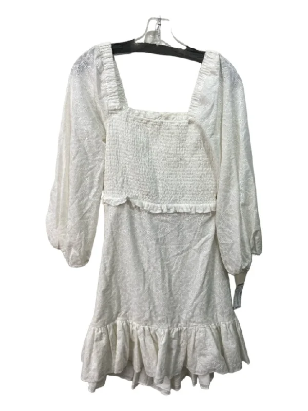 Veronica Beard Size 12 White Cotton Eyelet Smocked Bodice Square Neck Dress